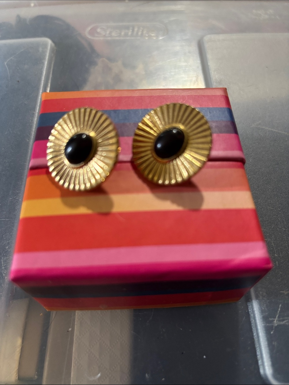 Gold Sunburst Stud Earrings with Black Center - Women Jewelry